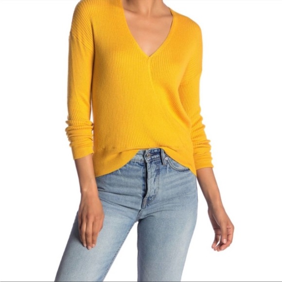 Elodie Women's Mustard Yellow Ribbed Knit Surplice Neck Long Sleeve Pullover Top - Picture 1 of 4